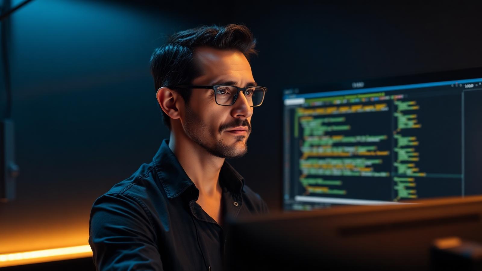 Engenheiro de software sênior revisando arquitetura em ambiente técnico