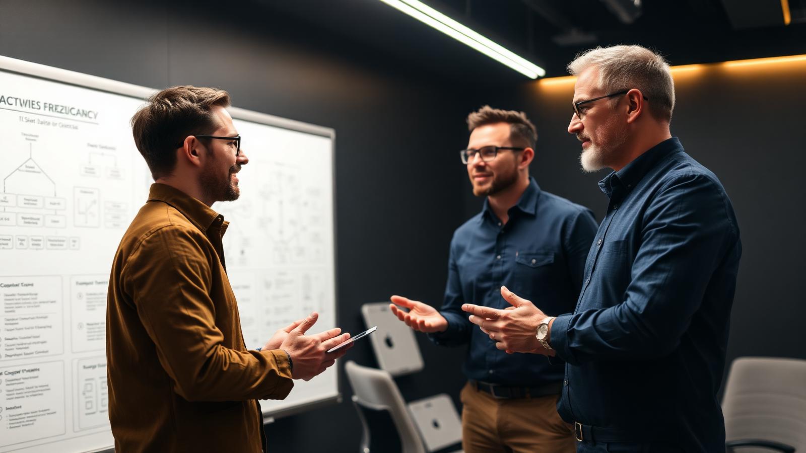 Engenheiros e arquiteto discutindo arquitetura de sistema em frente a um quadro de diagramas