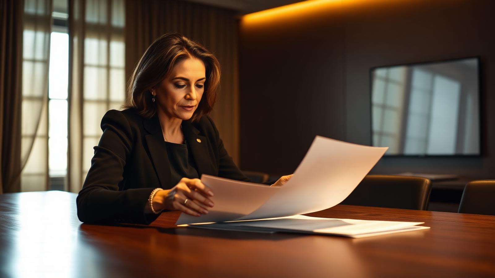 Executiva revisando documentos estratégicos em ambiente de decisão